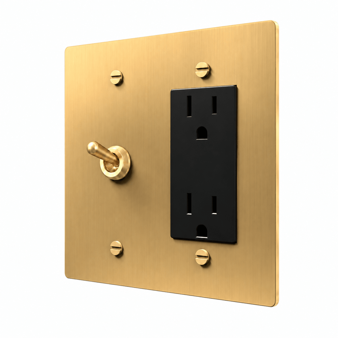 Brass 2-gang retro toggle and Regular outlet combination plate
