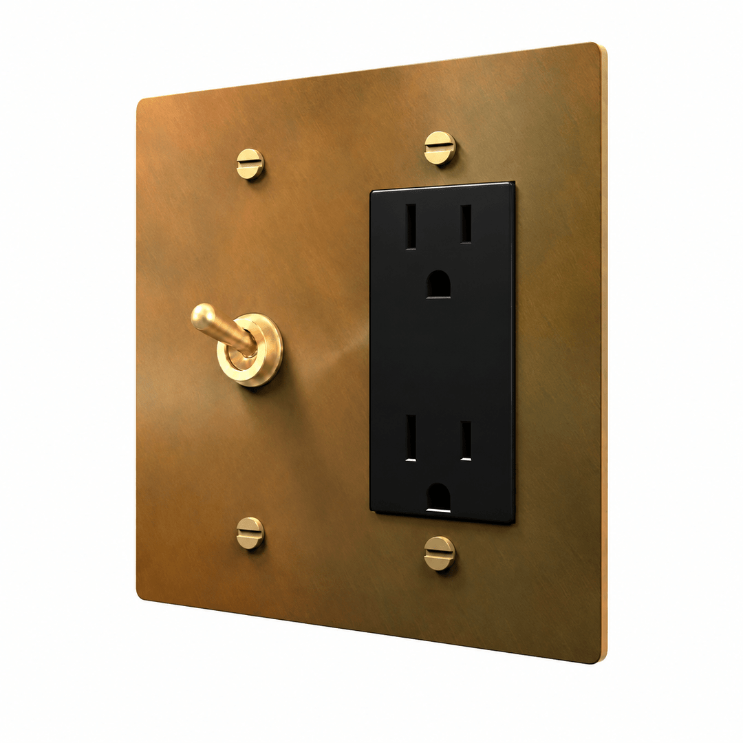 Unlacquered Aged brass 2-gang retro toggle and Regular outlet combination plate
