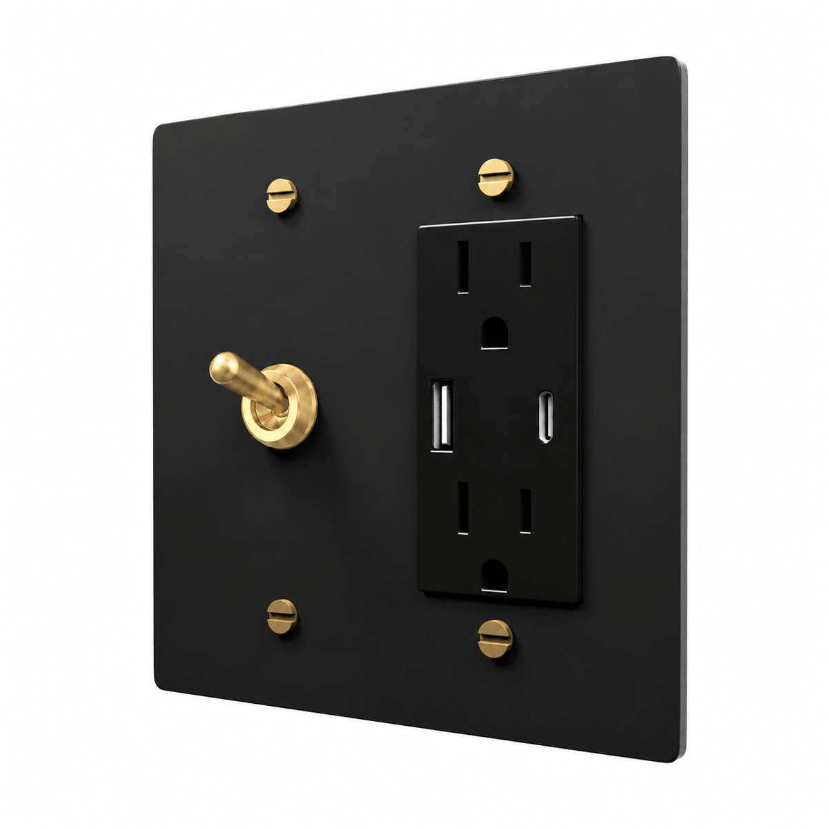 Black / Brass 2-gang retro toggle and USB-C outlet combination plate