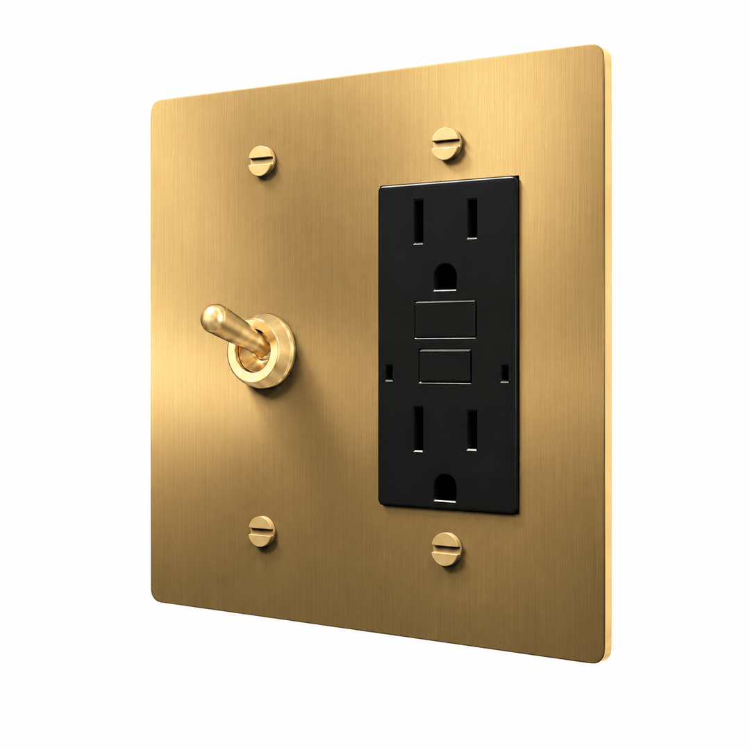 Brass 2-gang retro toggle and GFCI outlet combination plate