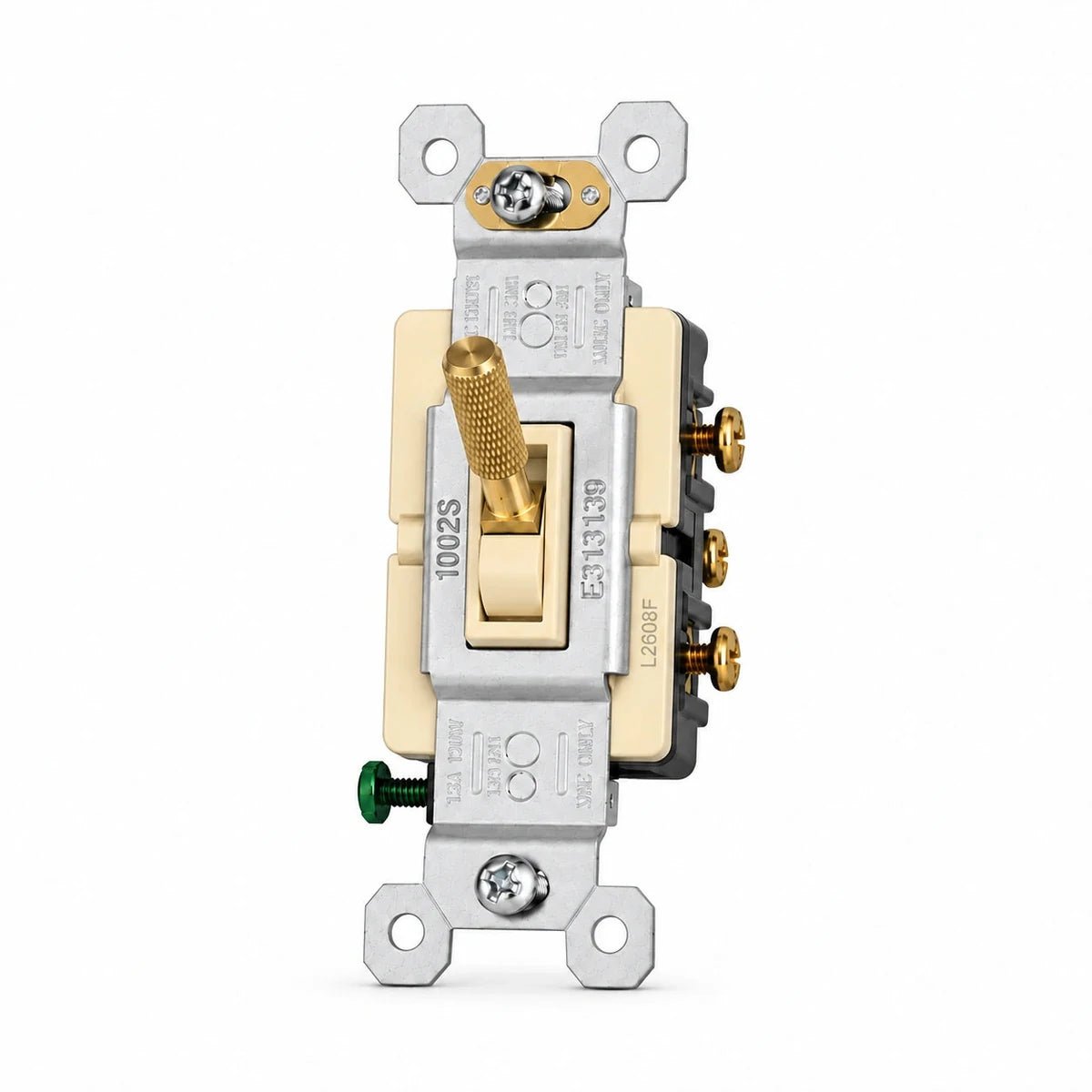 Satin Brass toggle switch mechanism with ivory frame