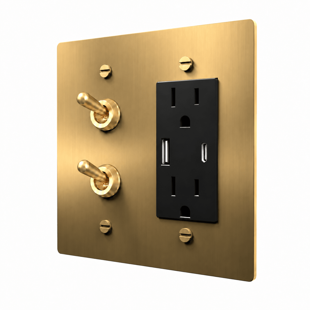 Brass 2-gang stacked retro toggles and USB-C + USB-A outlet combination plate