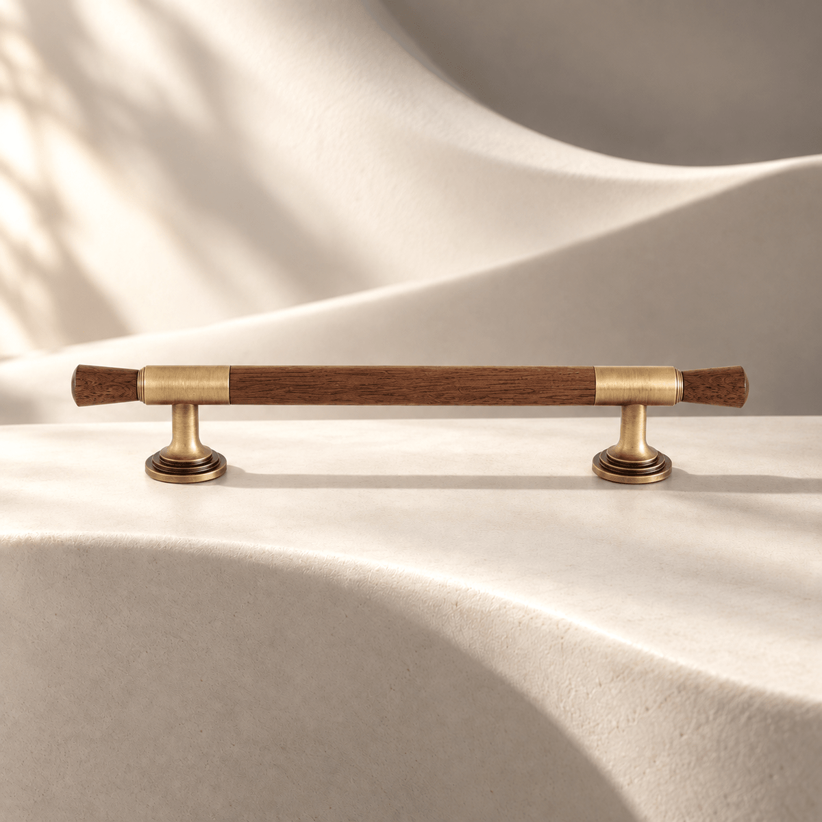 Walnut and antique brass cabinet pull, 128 mm center-to-center
