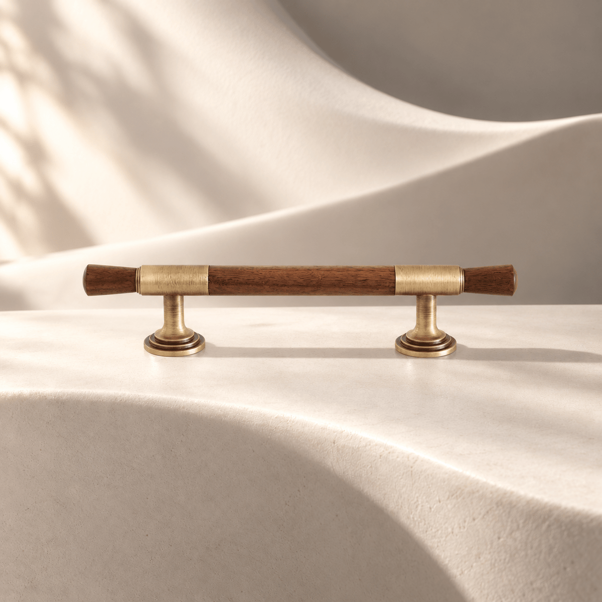 Walnut and antique brass cabinet pull, 96 mm center-to-center
