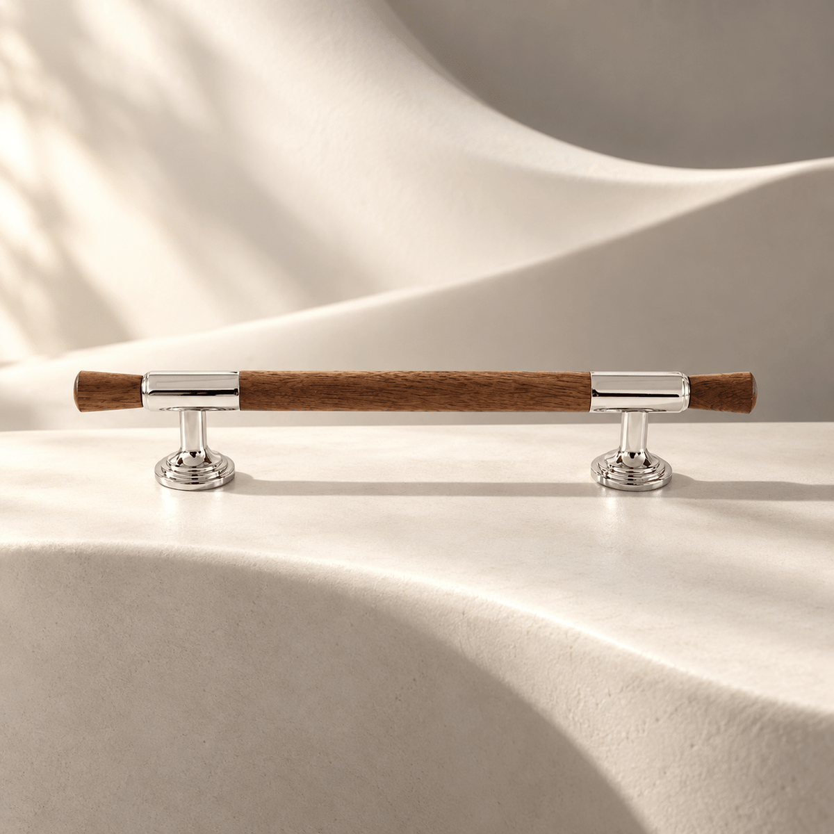 Walnut and chrome cabinet pull, 128 mm center-to-center