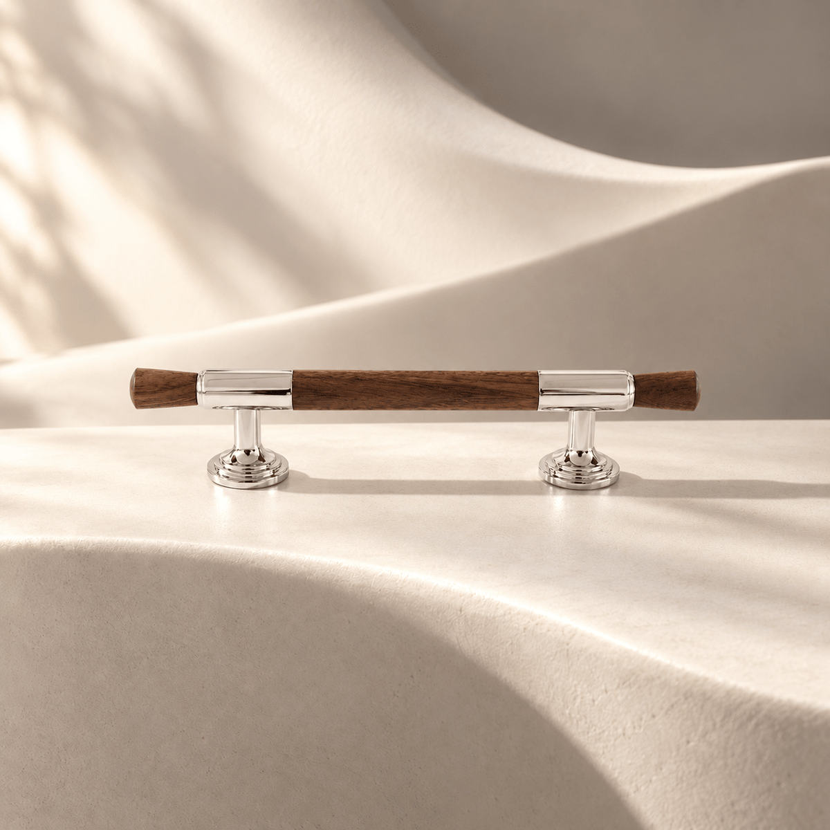 Walnut and chrome cabinet pull, 96 mm center-to-center