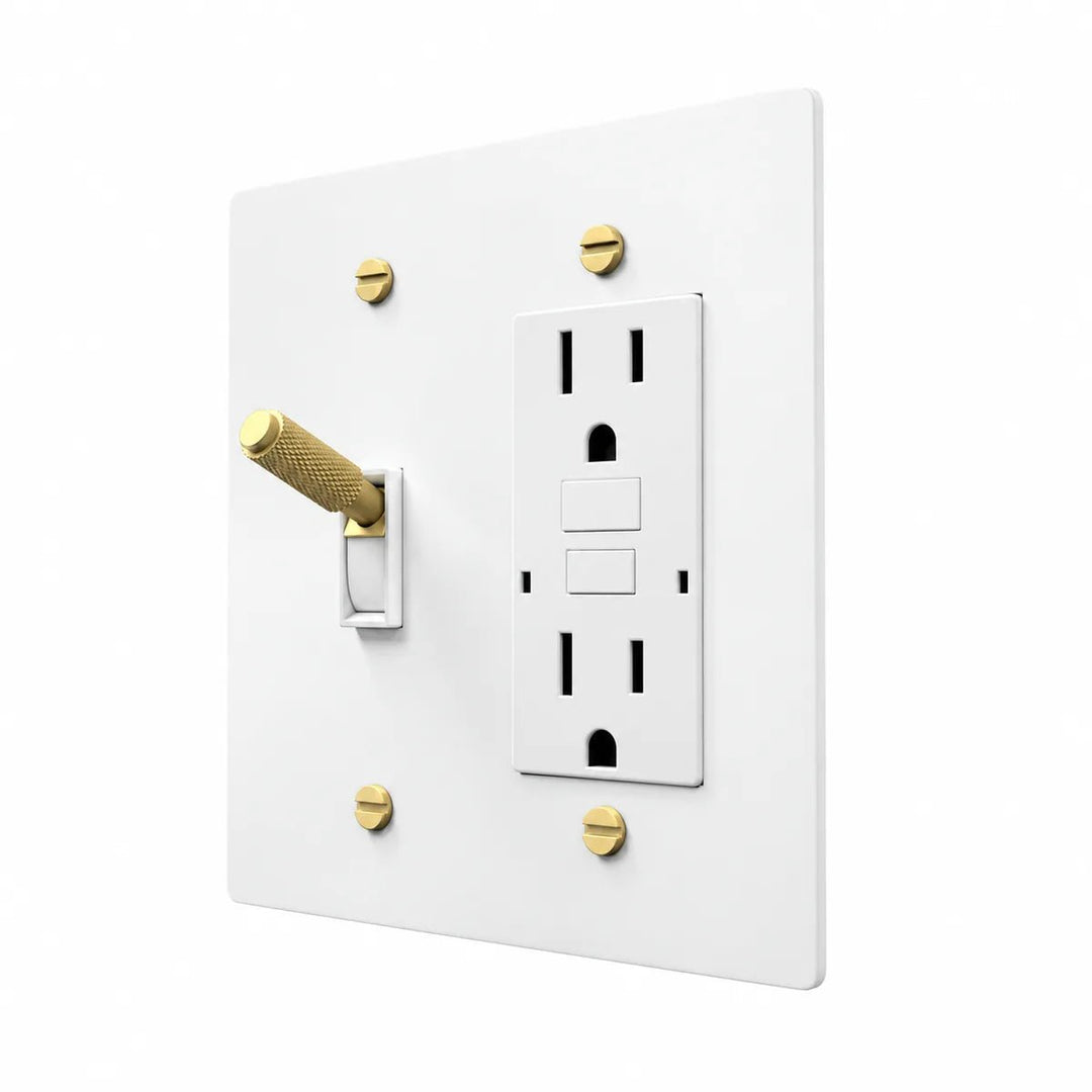 White wall plate with brass toggle and screws and GFCI outlet – PlatePrestige