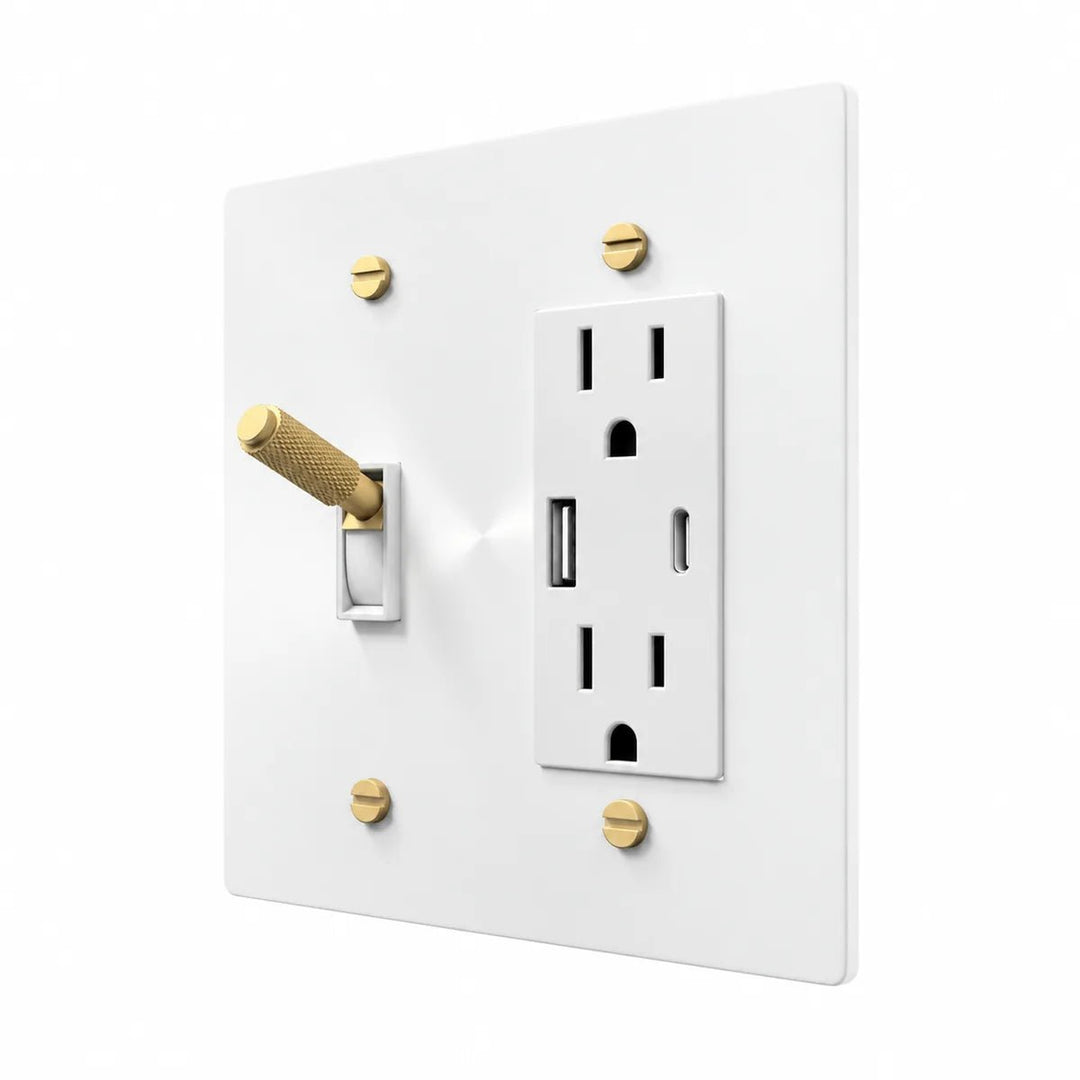 White wall plate with brass toggle and screws and USB-A and USB-C charging outlet – PlatePrestige