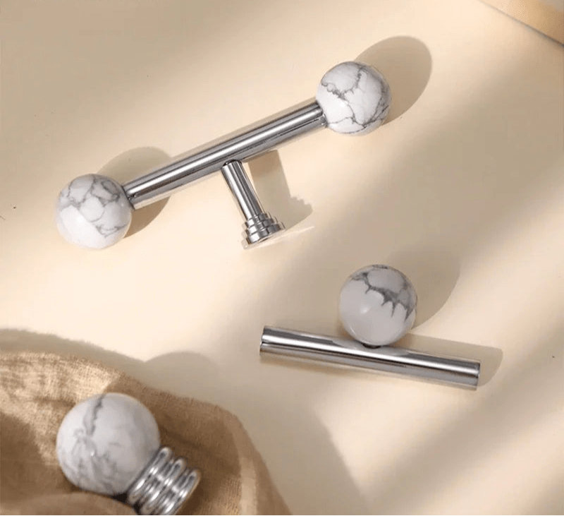 White Marble Cabinet Knob - Solid Brass Handle