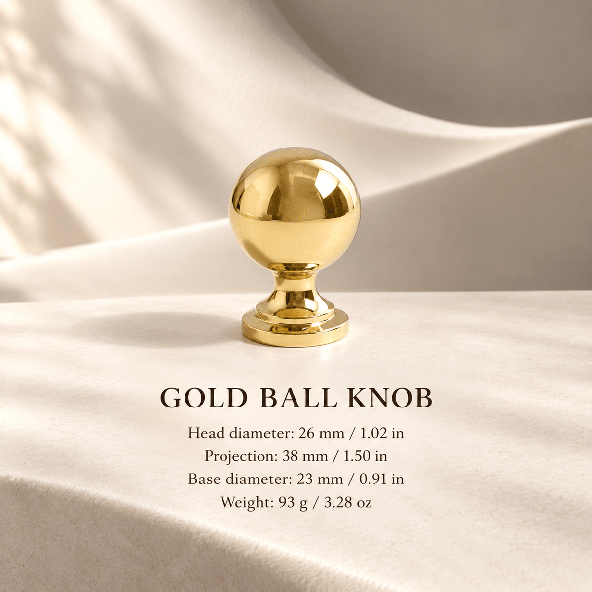 Polished gold ball knob 26 mm diameter — individual mm and inch dimensions