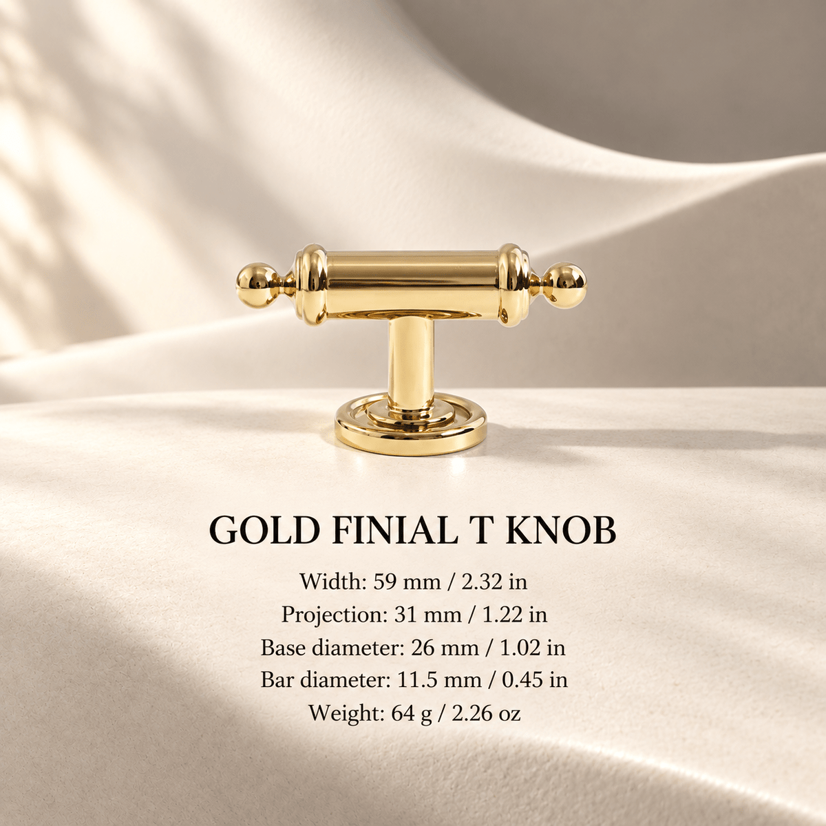 Polished gold finial T knob 59 mm wide — individual mm and inch dimensions