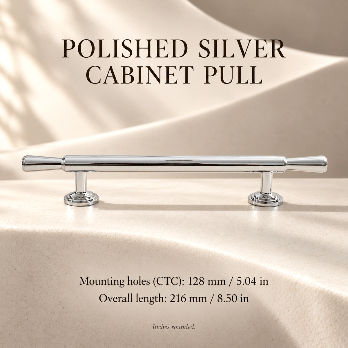 Polished silver pull on ivory stone; mounting holes 128 mm / 5.04 in, overall length 216 mm / 8.50 in