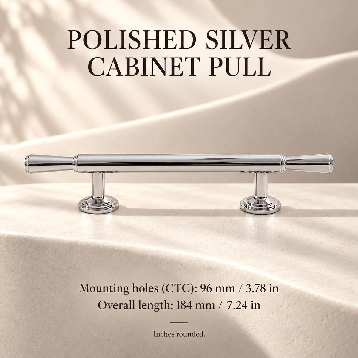 Polished silver pull on ivory stone; mounting holes 96 mm / 3.78 in, overall length 184 mm / 7.24 in