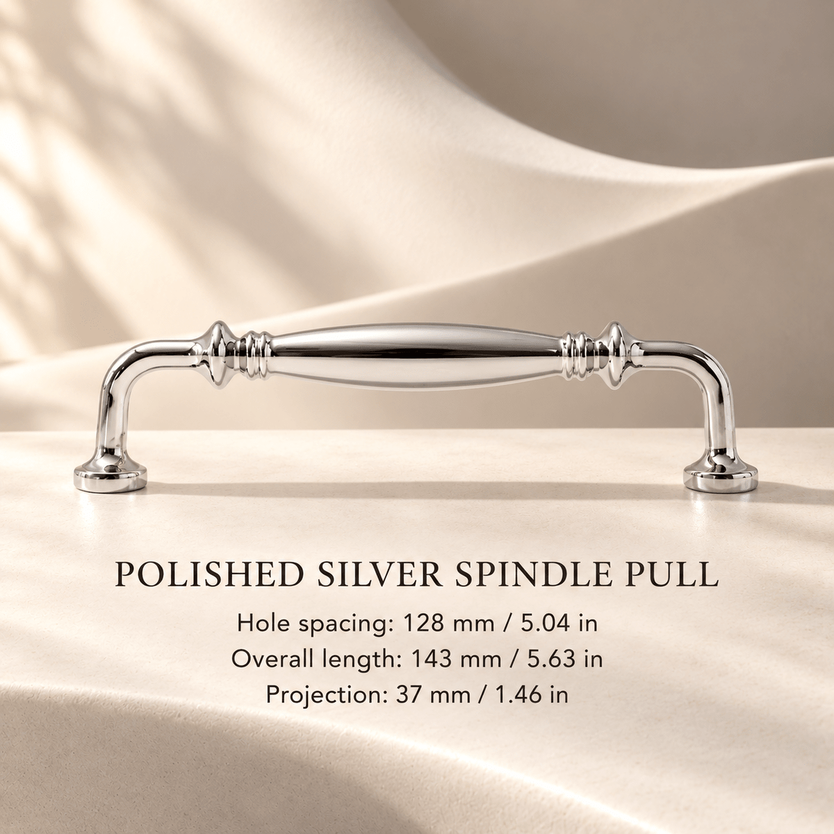 Polished silver spindle cabinet pull 128 mm CTC — individual measurements in millimeters and inches