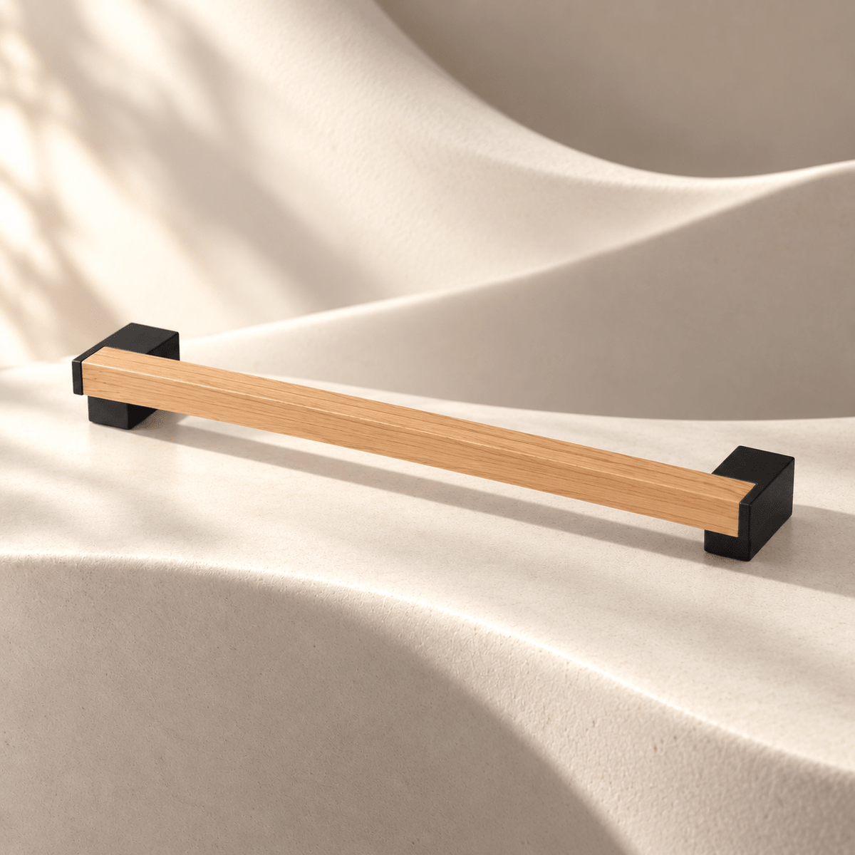 Light wood / Black rectangular cabinet pull, 320 mm CTC — Ivory Atelier studio photograph