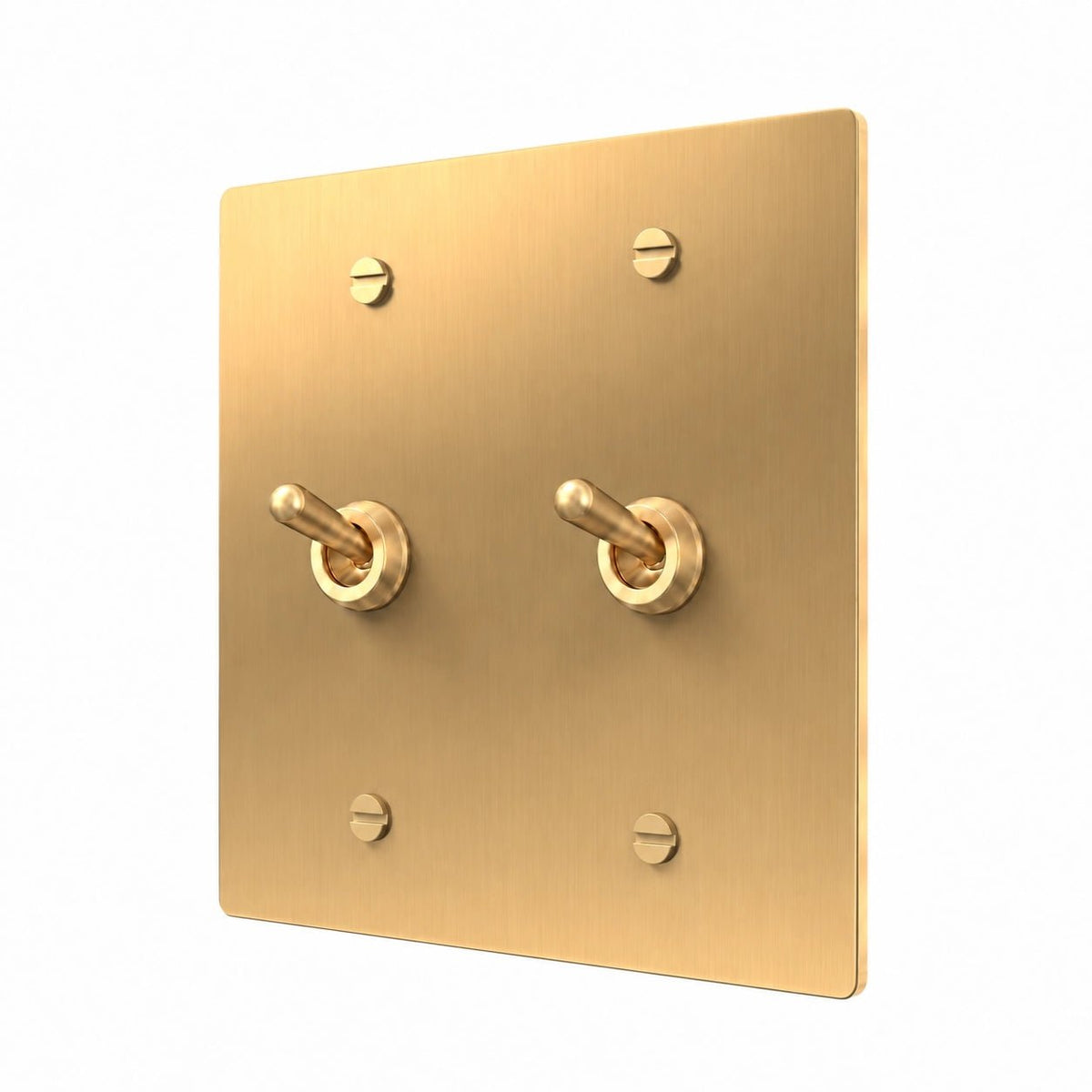 A square brushed brass double-toggle wall switch plate with four mounting screws and two lever switches, shown on a plain white background.