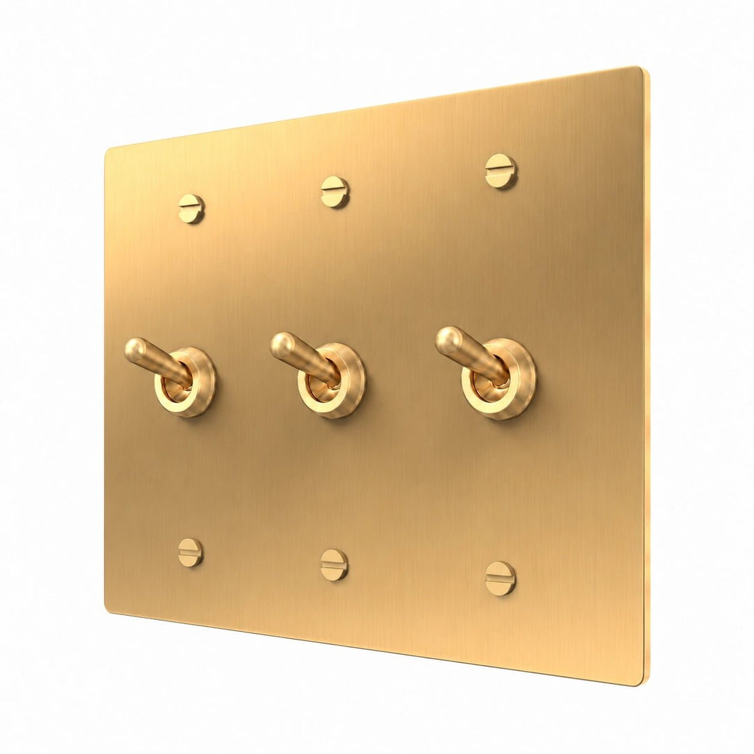 3 gang retro brass toggle switch with brushed brass plate