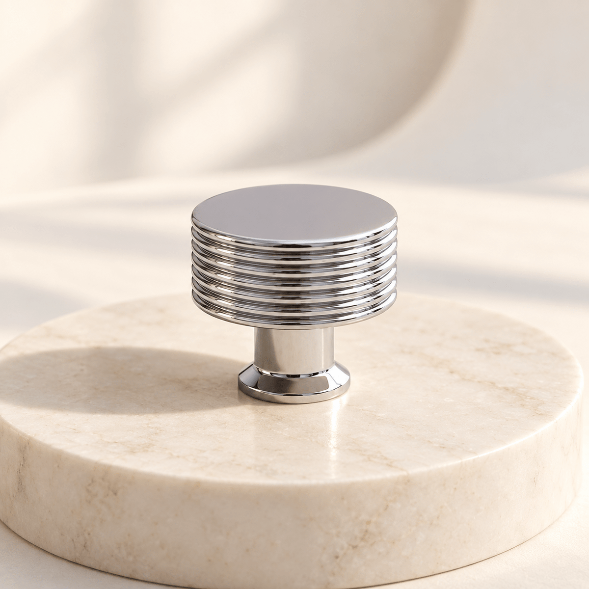 Ribbed round chrome cabinet knob, ivory stone studio