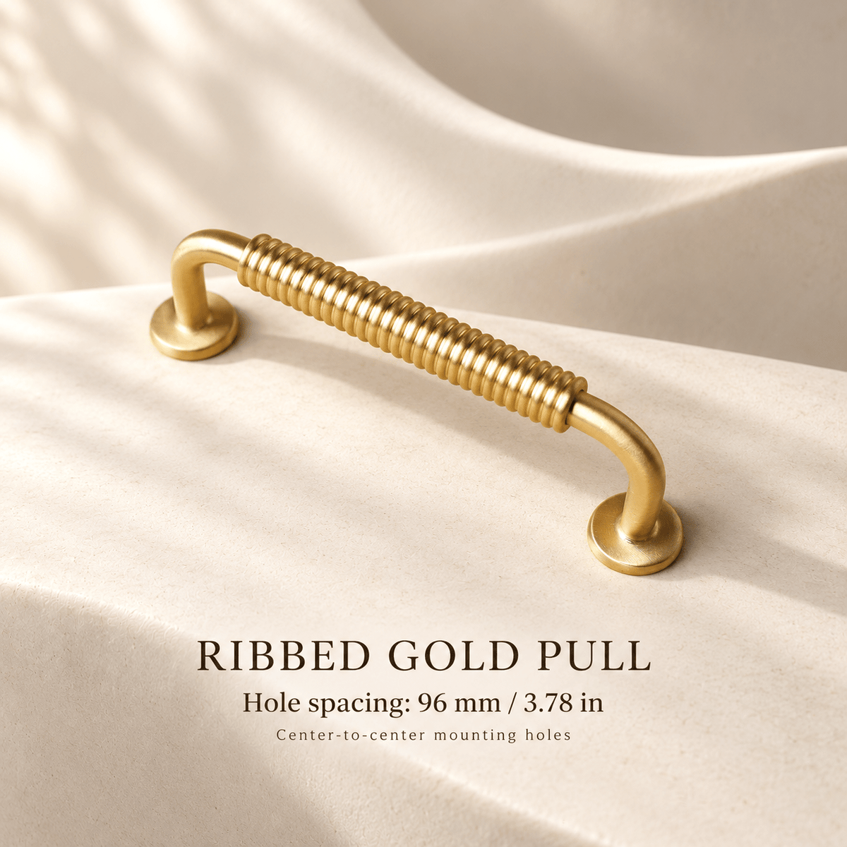 Gold ribbed cabinet pull with round bases — 96 mm / 3.78 in hole spacing