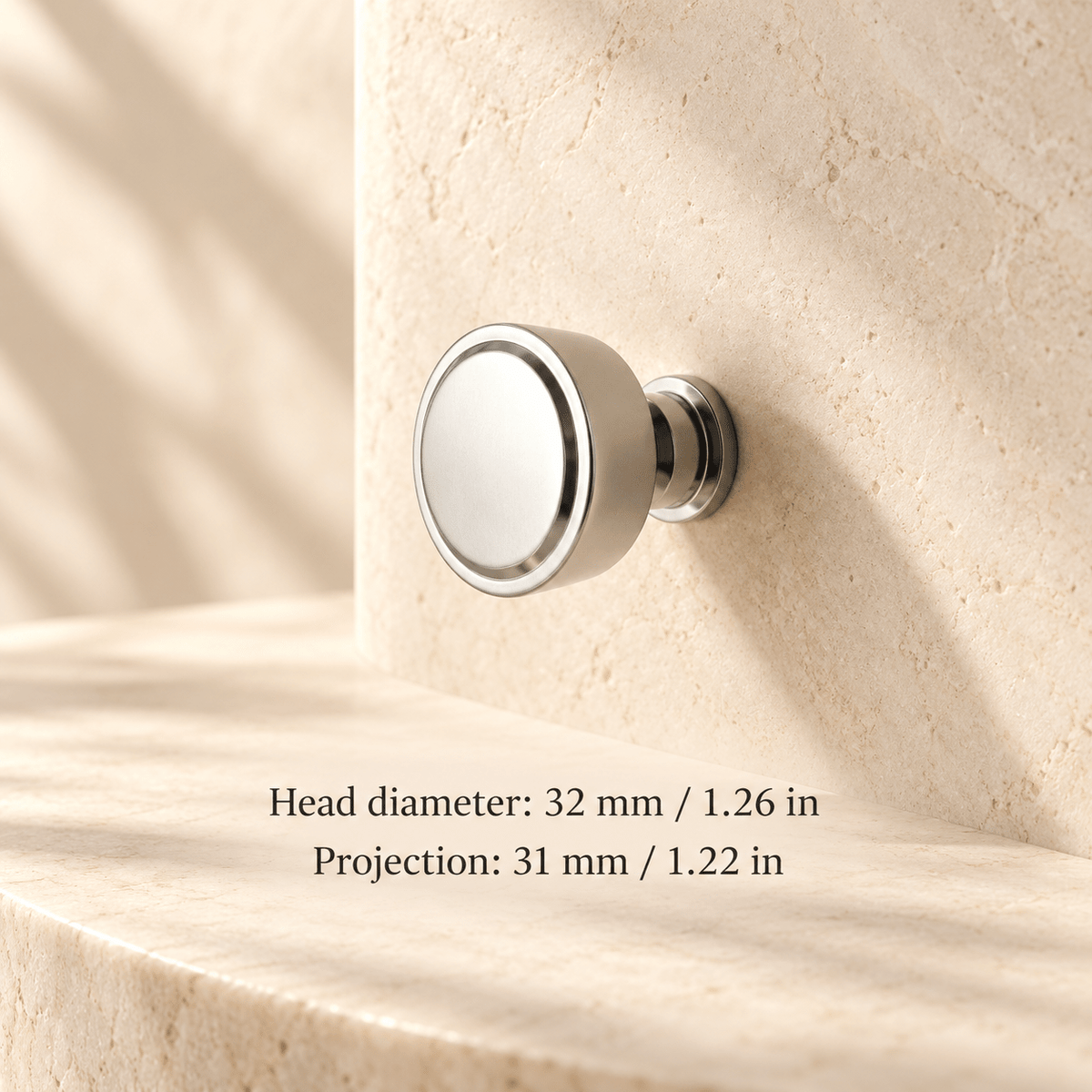 silver round knob in ivory studio. Head diameter: 32 mm / 1.26 in; Projection: 31 mm / 1.22 in