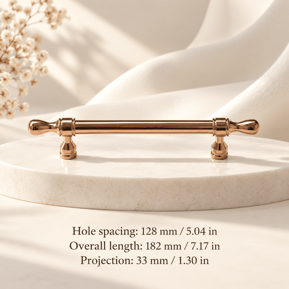 Rose gold cabinet pull — Hole spacing: 128 mm / 5.04 in; Overall length: 182 mm / 7.17 in; Projection: 33 mm / 1.30 in — ivory stone studio
