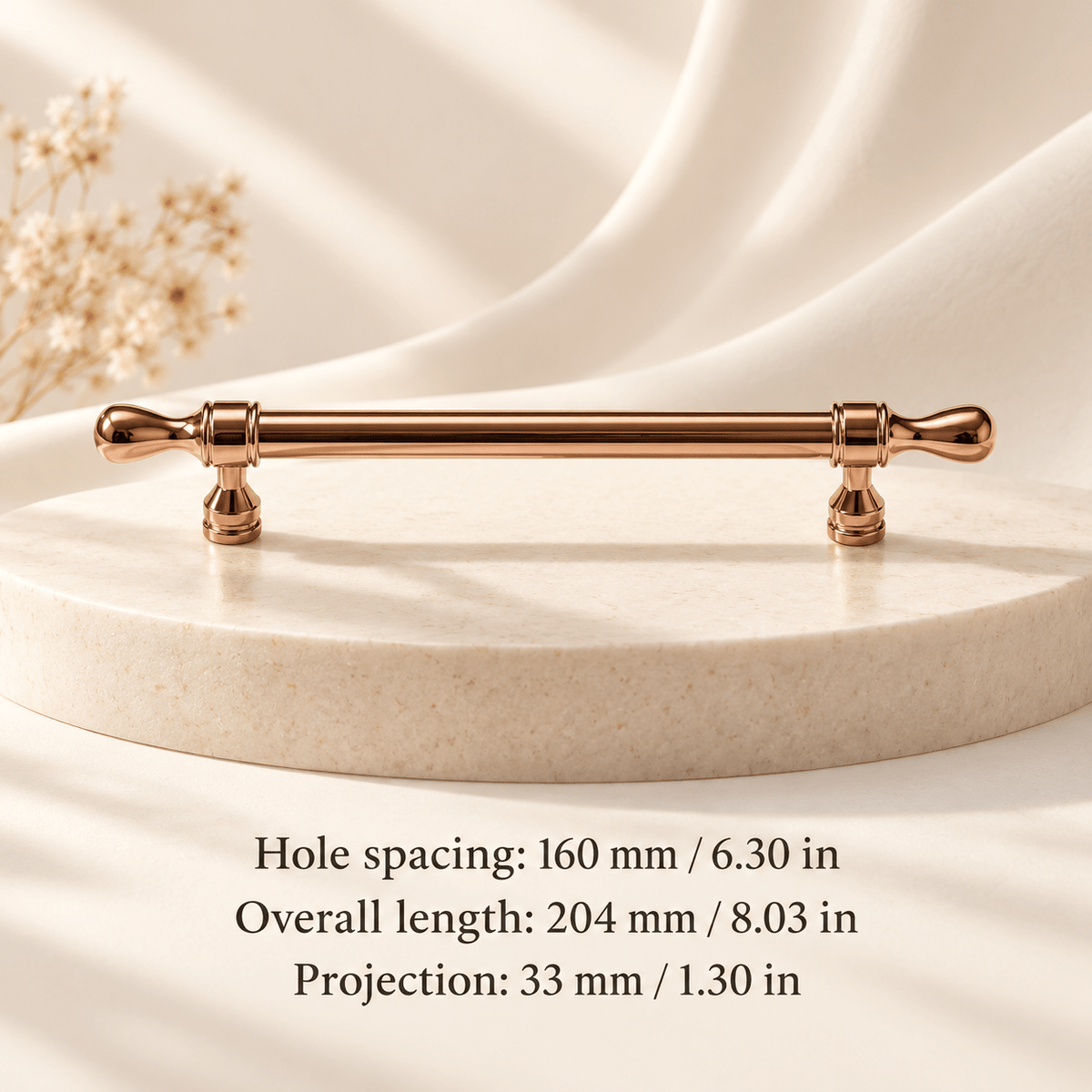 Rose gold cabinet pull — Hole spacing: 160 mm / 6.30 in; Overall length: 204 mm / 8.03 in; Projection: 33 mm / 1.30 in — ivory stone studio