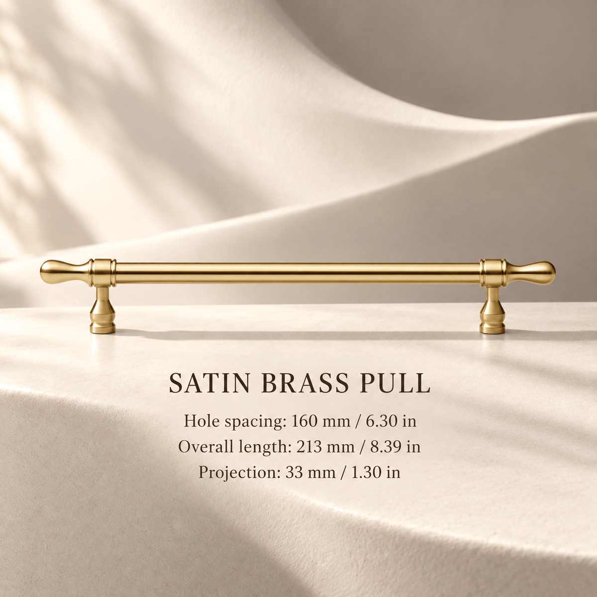 Satin brass cabinet pull with flared tips — Hole spacing: 160 mm / 6.30 in; Overall length: 213 mm / 8.39 in; Projection: 33 mm / 1.30 in