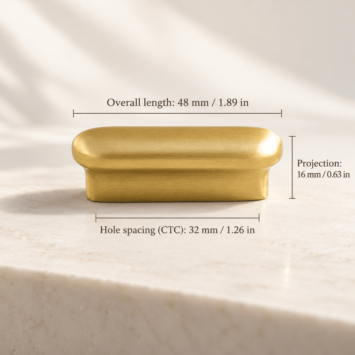 Satin gold cabinet pull, 32 mm hole spacing, individual dimensions in mm and inches