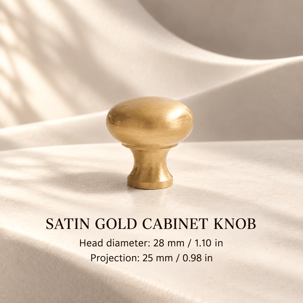 Satin gold round knob 28 mm diameter — individual mm and inch dimensions