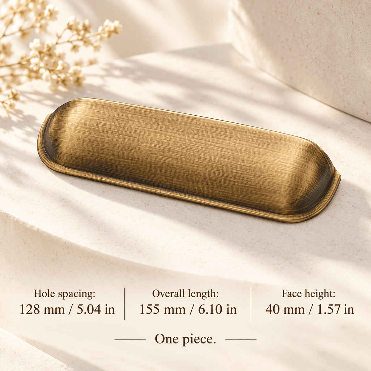 antique bronze shell cup pull in ivory studio. Hole spacing: 128 mm / 5.04 in; Overall length: 155 mm / 6.10 in; Face height: 40 mm / 1.57 in; One piece