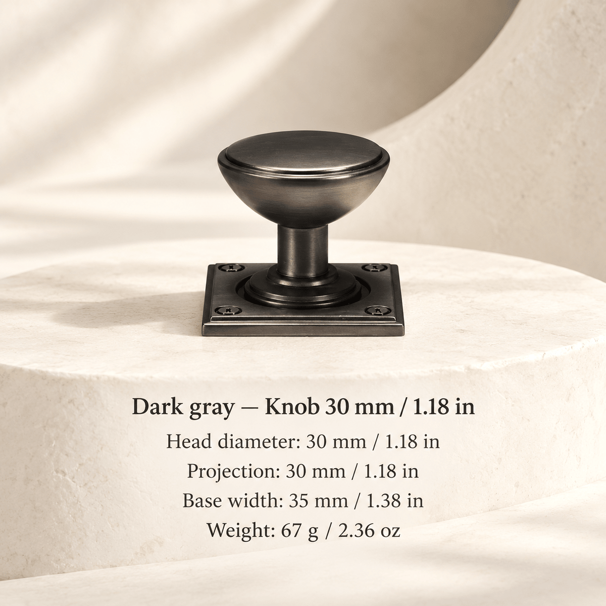 Square-base cabinet hardware — Dark gray — Knob 30 mm / 1.18 in; Head diameter: 30 mm / 1.18 in; Projection: 30 mm / 1.18 in; Base width: 35 mm / 1.38 in; Weight: 67 g / 2.36 oz — ivory stone studio
