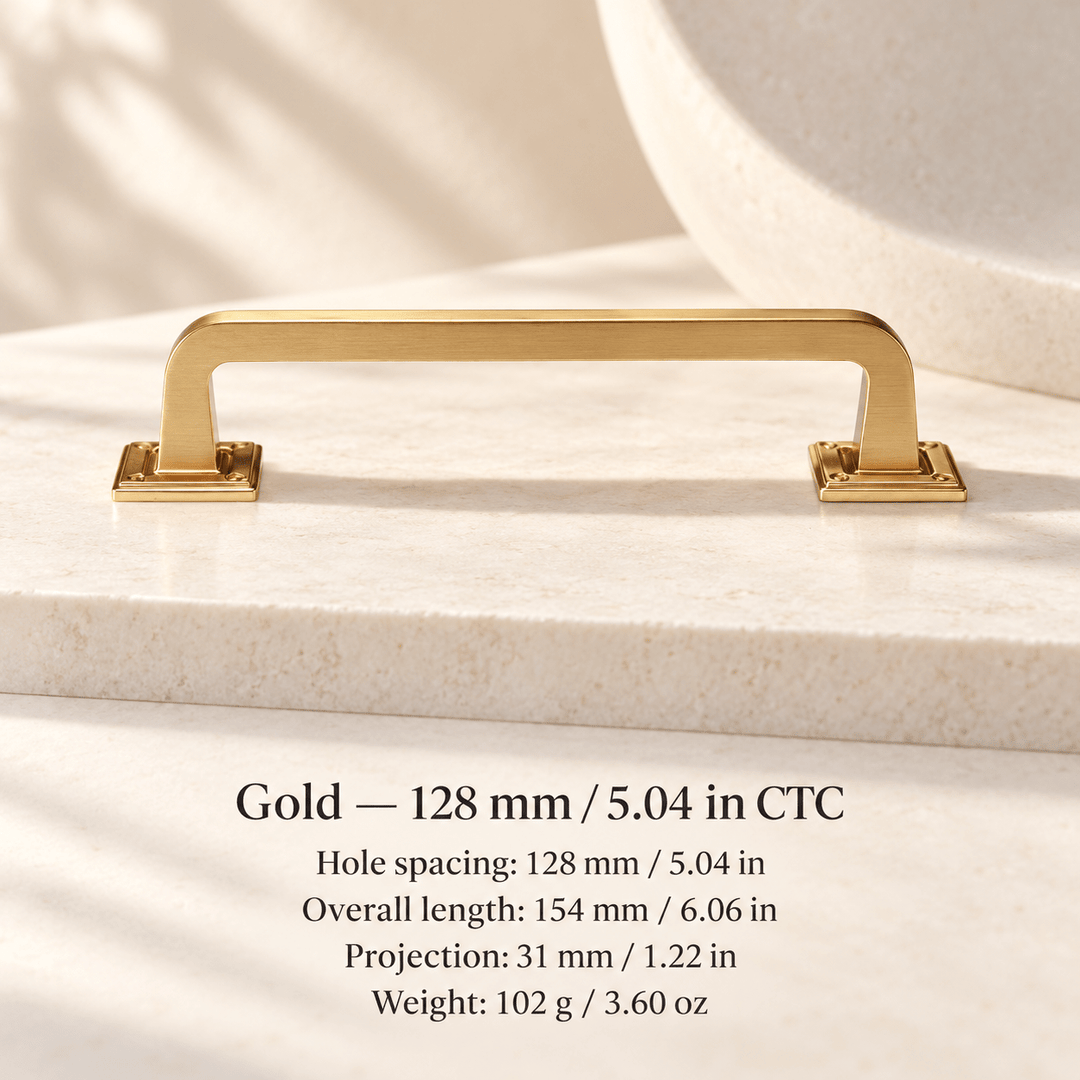 Square-base cabinet hardware — Gold — 128 mm / 5.04 in CTC; Hole spacing: 128 mm / 5.04 in; Overall length: 154 mm / 6.06 in; Projection: 31 mm / 1.22 in; Weight: 102 g / 3.60 oz — ivory stone studio