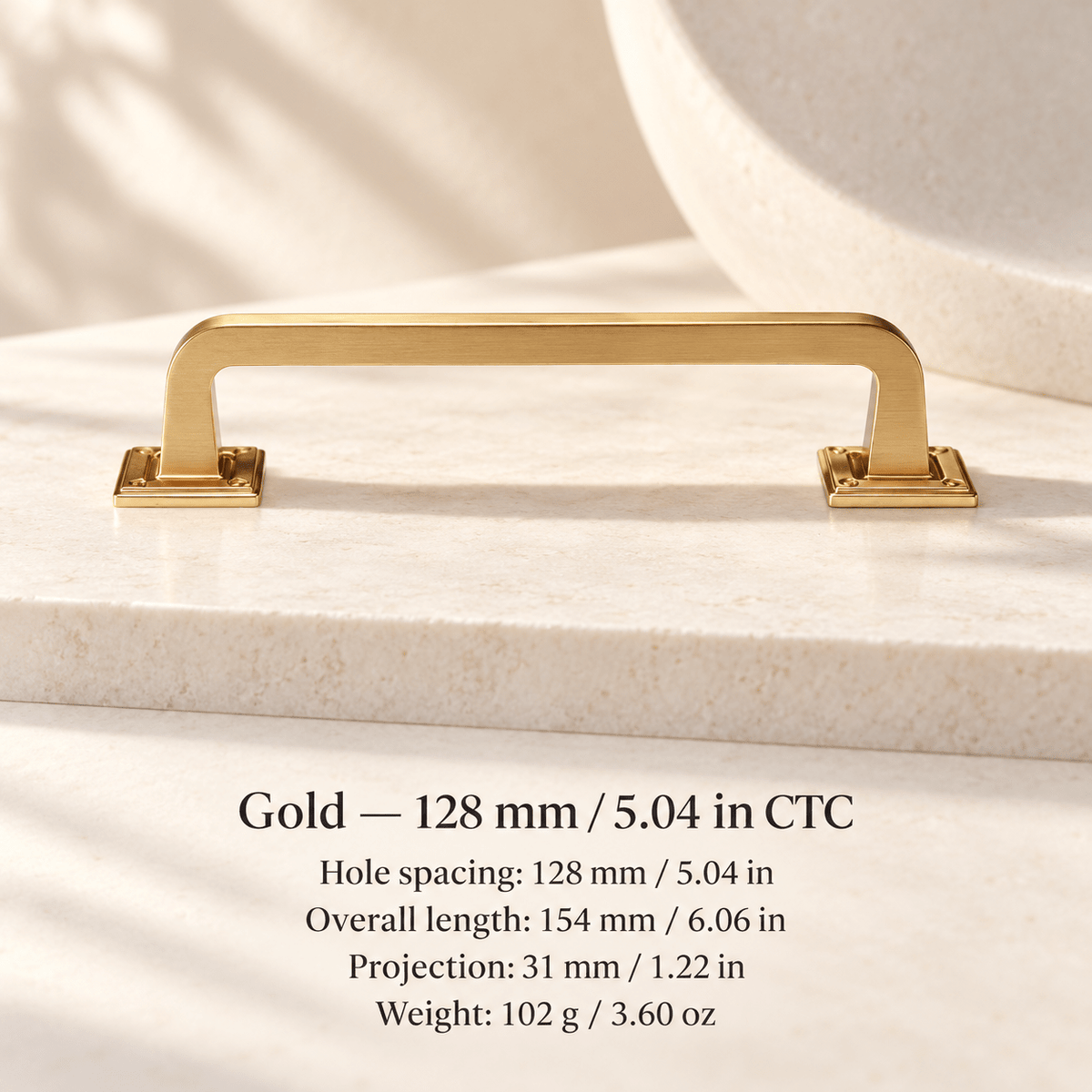 Square-base cabinet hardware — Gold — 128 mm / 5.04 in CTC; Hole spacing: 128 mm / 5.04 in; Overall length: 154 mm / 6.06 in; Projection: 31 mm / 1.22 in; Weight: 102 g / 3.60 oz — ivory stone studio