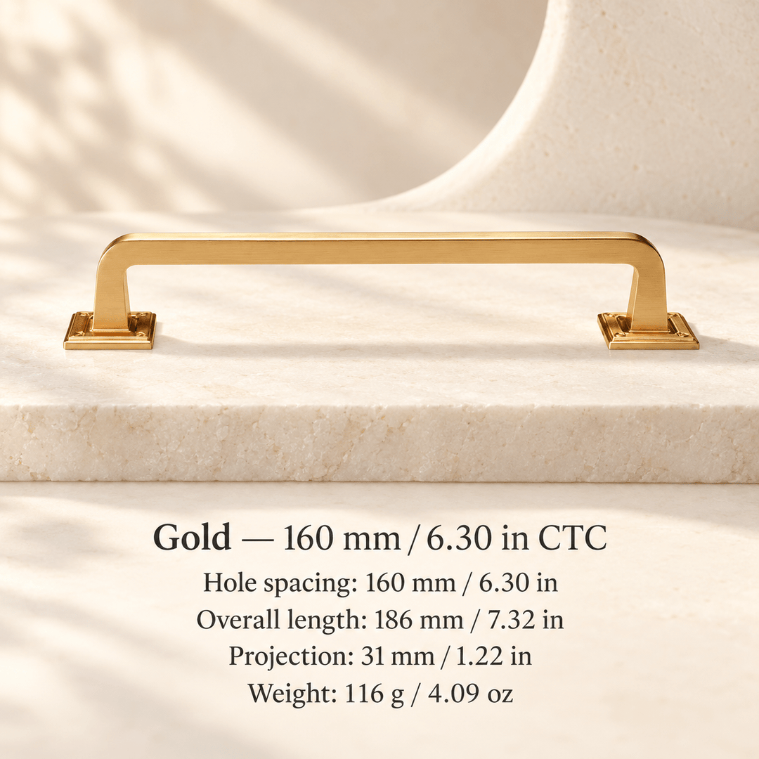 Square-base cabinet hardware — Gold — 160 mm / 6.30 in CTC; Hole spacing: 160 mm / 6.30 in; Overall length: 186 mm / 7.32 in; Projection: 31 mm / 1.22 in; Weight: 116 g / 4.09 oz — ivory stone studio