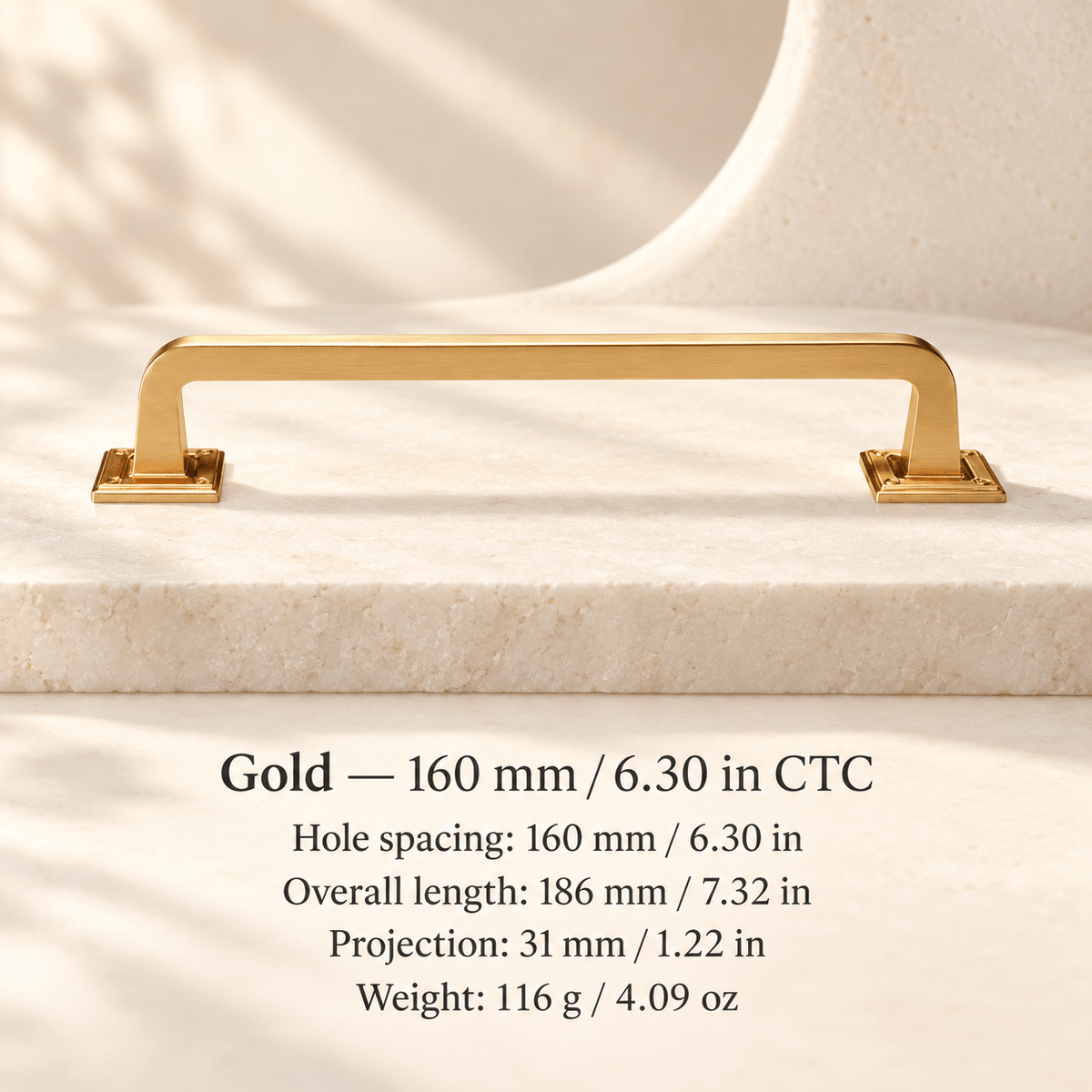 Square-base cabinet hardware — Gold — 160 mm / 6.30 in CTC; Hole spacing: 160 mm / 6.30 in; Overall length: 186 mm / 7.32 in; Projection: 31 mm / 1.22 in; Weight: 116 g / 4.09 oz — ivory stone studio