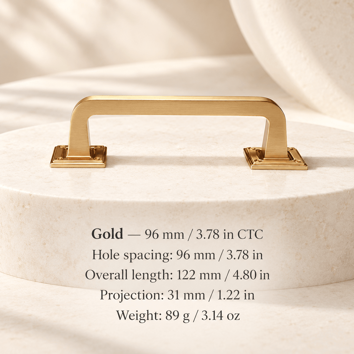 Square-base cabinet hardware — Gold — 96 mm / 3.78 in CTC; Hole spacing: 96 mm / 3.78 in; Overall length: 122 mm / 4.80 in; Projection: 31 mm / 1.22 in; Weight: 89 g / 3.14 oz — ivory stone studio