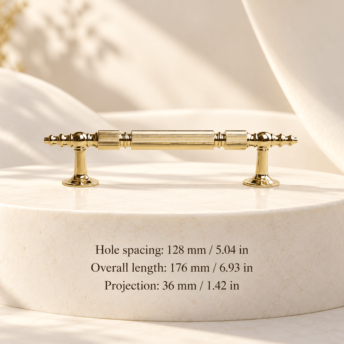 Gold finial cabinet pull — Hole spacing: 128 mm / 5.04 in; Overall length: 176 mm / 6.93 in; Projection: 36 mm / 1.42 in — ivory stone studio