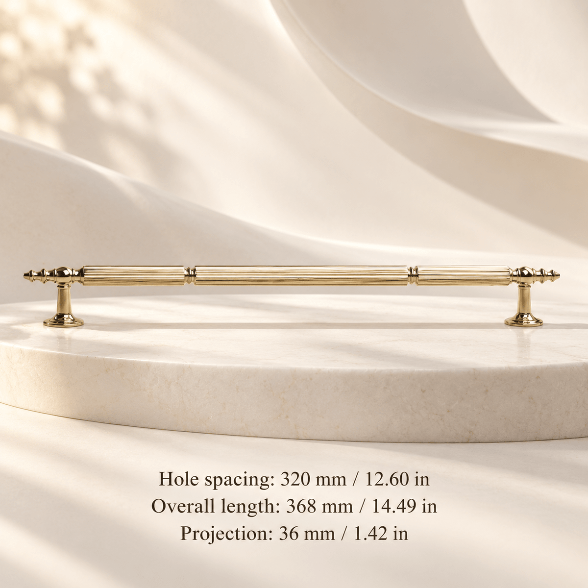 Gold finial cabinet pull — Hole spacing: 320 mm / 12.60 in; Overall length: 368 mm / 14.49 in; Projection: 36 mm / 1.42 in — ivory stone studio