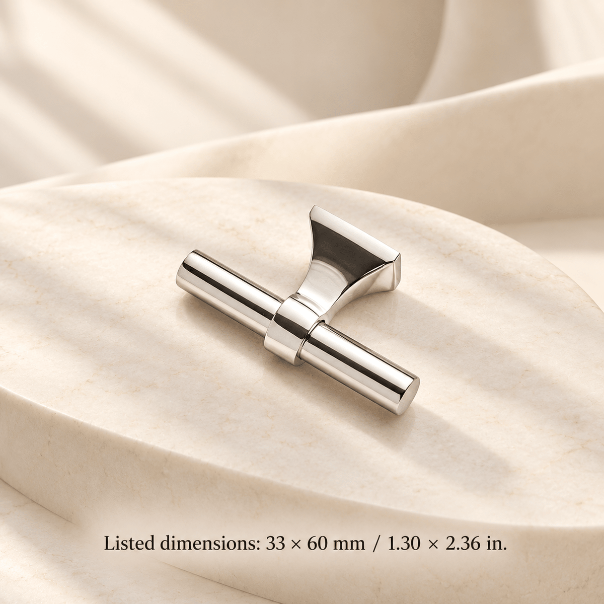 Silver sculptural-foot cabinet T-knob — Listed dimensions: 33 × 60 mm / 1.30 × 2.36 in — ivory studio