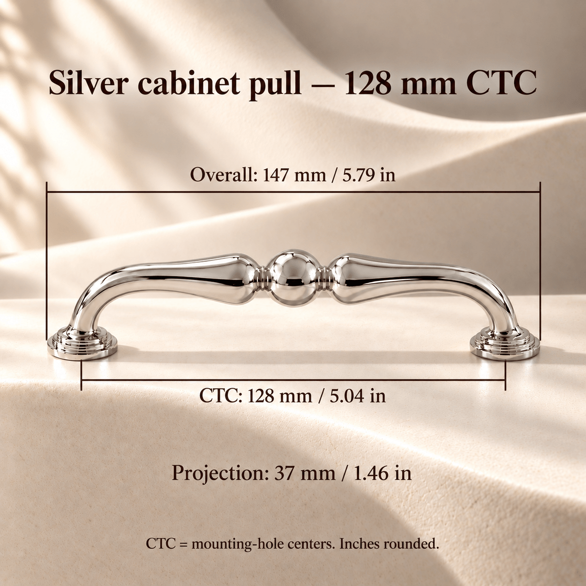 Silver Art Deco pull, 128 mm CTC, individual dimensions in millimeters and inches
