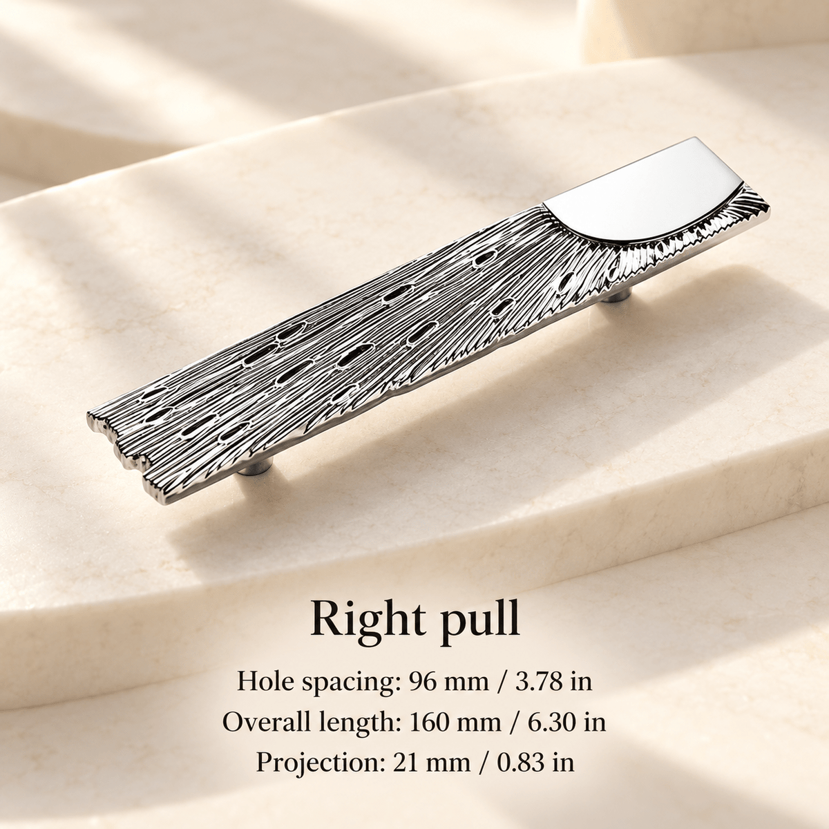 Silver textured plate cabinet right pull in ivory studio. Hole spacing: 96 mm / 3.78 in; Overall length: 160 mm / 6.30 in; Projection: 21 mm / 0.83 in