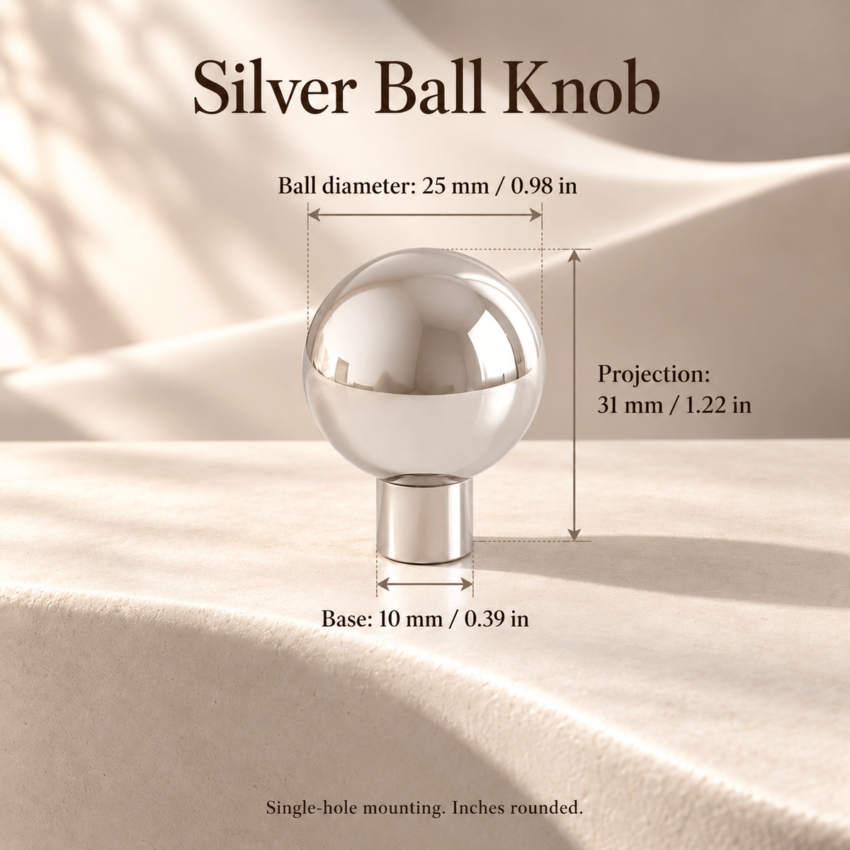 silver ball knob, individual dimensions in millimeters and inches