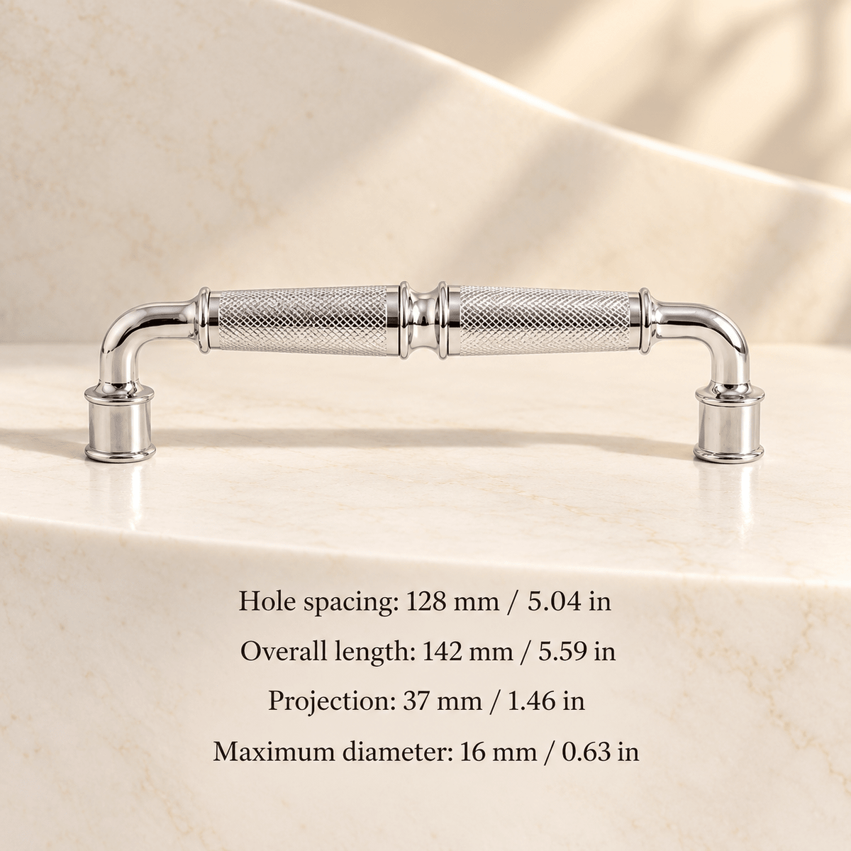 Polished silver diamond-textured cabinet pull in ivory studio. Hole spacing: 128 mm / 5.04 in; Overall length: 142 mm / 5.59 in; Projection: 37 mm / 1.46 in; Maximum diameter: 16 mm / 0.63 in