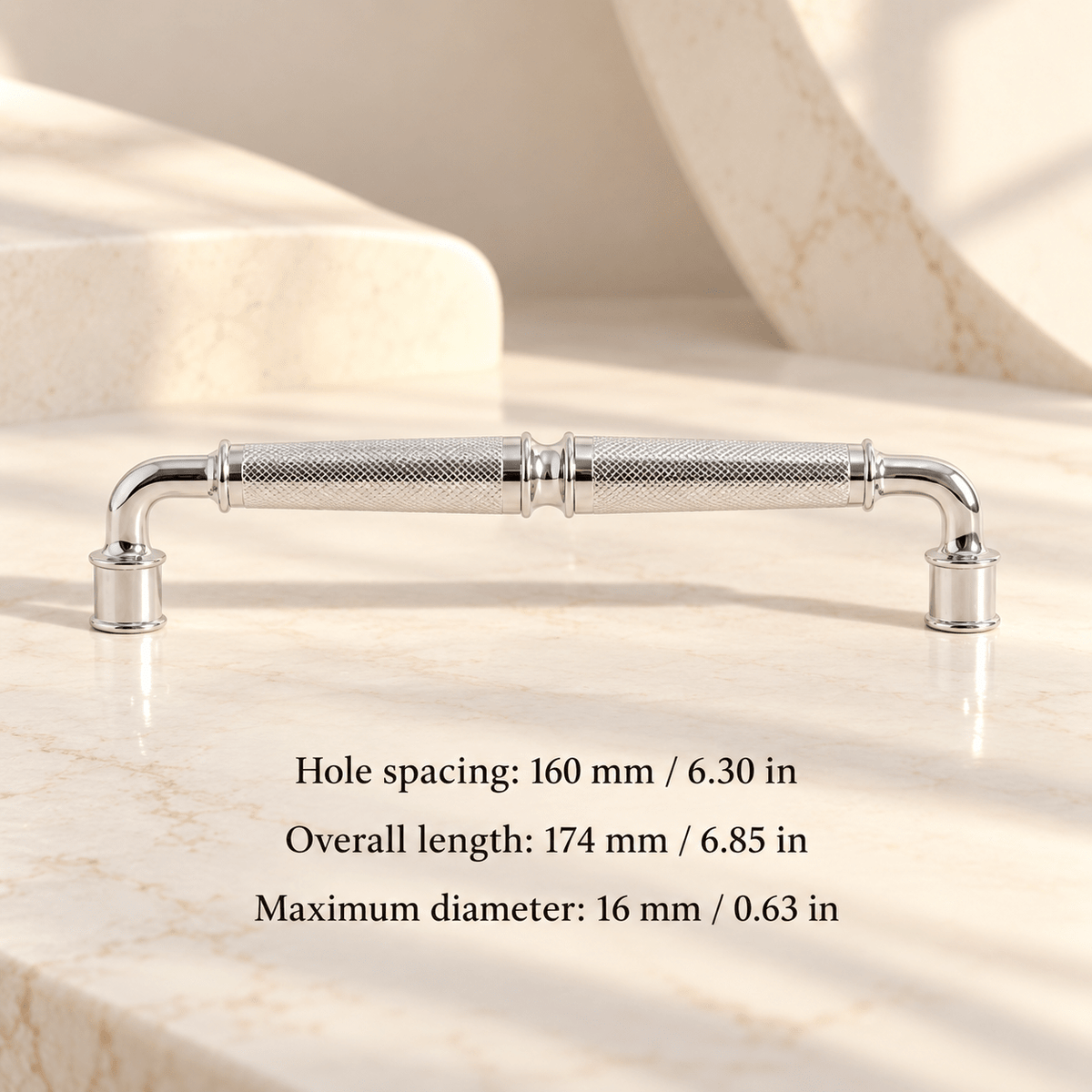 Polished silver diamond-textured cabinet pull in ivory studio. Hole spacing: 160 mm / 6.30 in; Overall length: 174 mm / 6.85 in; Maximum diameter: 16 mm / 0.63 in