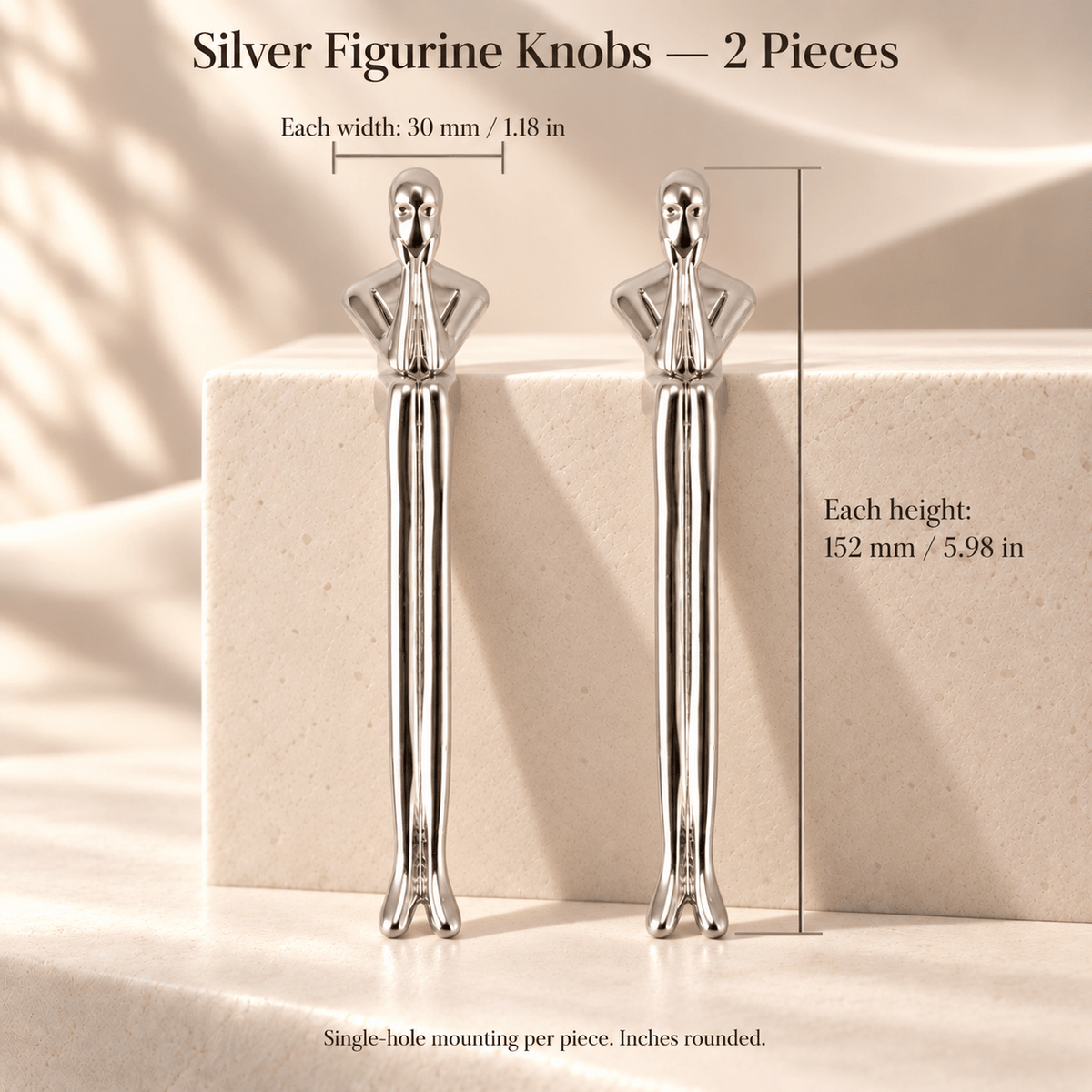 Silver brass figurine cabinet knob, two-piece pack, each 152 mm high and 30 mm wide with inch equivalents