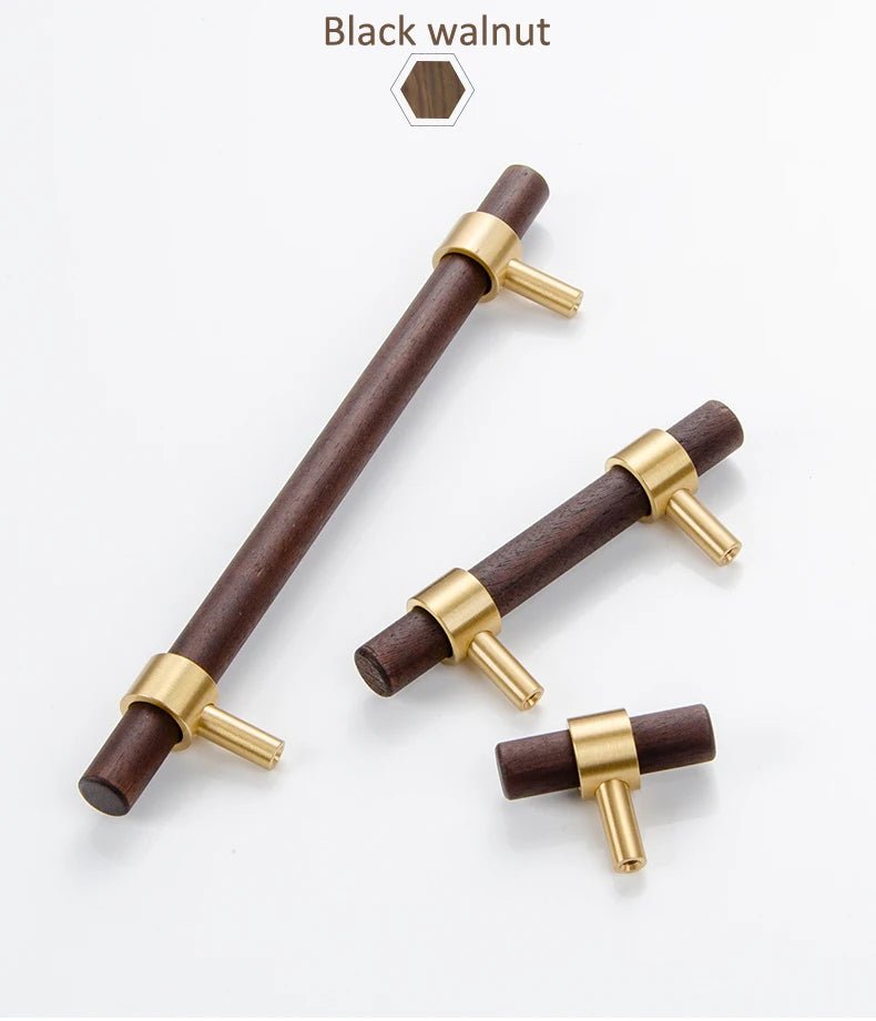 Premium Wood + Brass T-Bar Cabinet Pull – Modern Wooden Knob