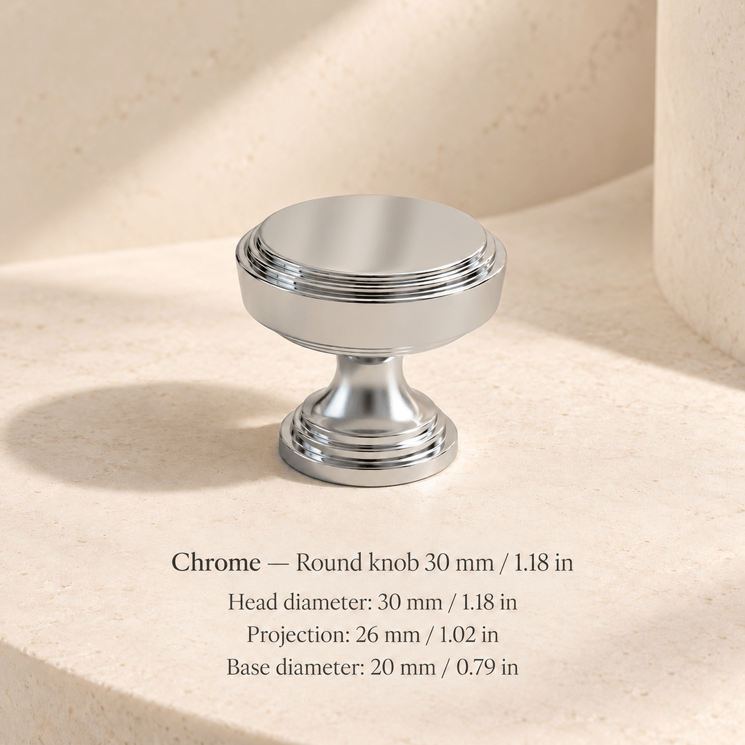 Finial cabinet hardware — Chrome — Round knob 30 mm / 1.18 in; Head diameter: 30 mm / 1.18 in; Projection: 26 mm / 1.02 in; Base diameter: 20 mm / 0.79 in — ivory stone studio