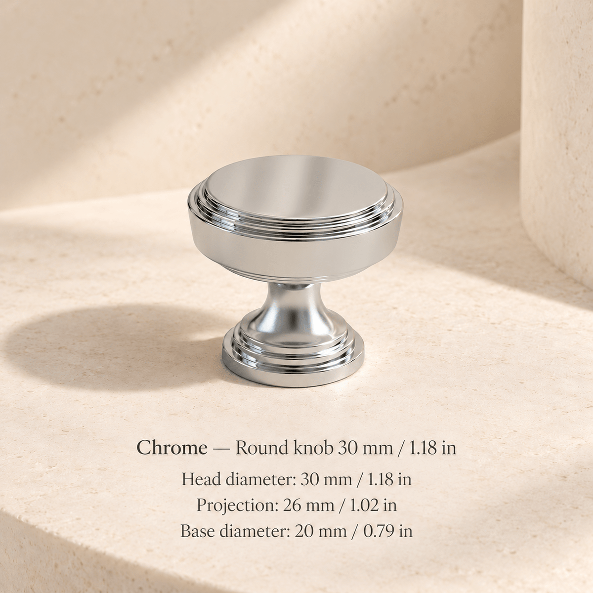 Finial cabinet hardware — Chrome — Round knob 30 mm / 1.18 in; Head diameter: 30 mm / 1.18 in; Projection: 26 mm / 1.02 in; Base diameter: 20 mm / 0.79 in — ivory stone studio