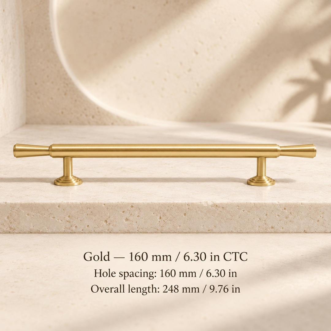 Finial cabinet hardware — Gold — 160 mm / 6.30 in CTC; Hole spacing: 160 mm / 6.30 in; Overall length: 248 mm / 9.76 in — ivory stone studio