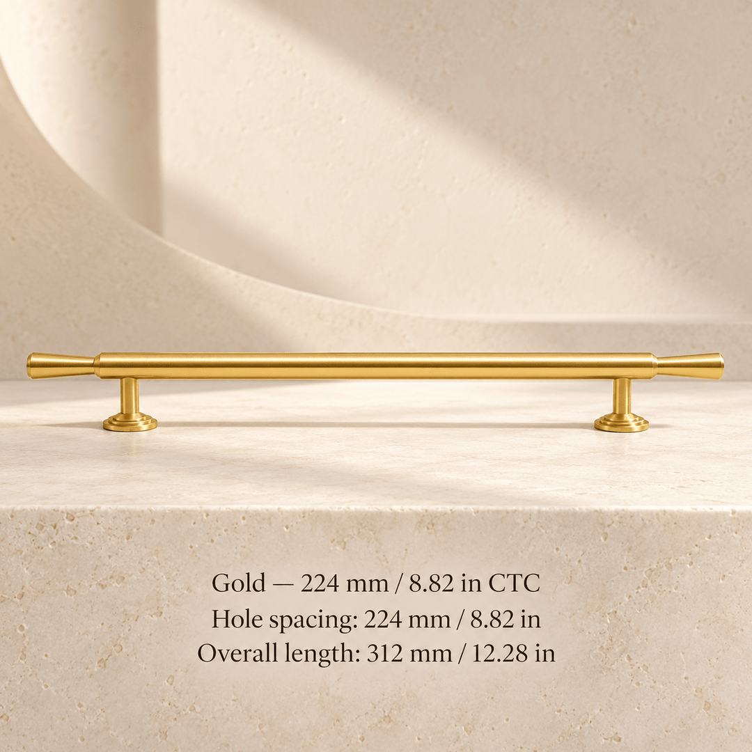 Finial cabinet hardware — Gold — 224 mm / 8.82 in CTC; Hole spacing: 224 mm / 8.82 in; Overall length: 312 mm / 12.28 in — ivory stone studio
